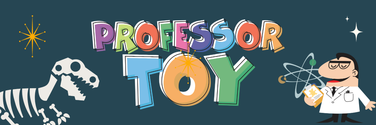 Professor Toy brand identity banner with colorful custom wordmark, dinosaur skeleton, atom orbits, and scientist mascot